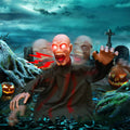 HalloWraith motion-activated Halloween ghoul prop with glowing red eyes in a graveyard scene